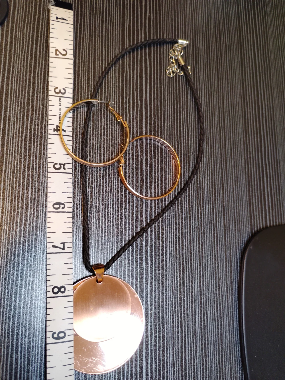 Gold Disc Pendant Necklace on Braided Black Cord